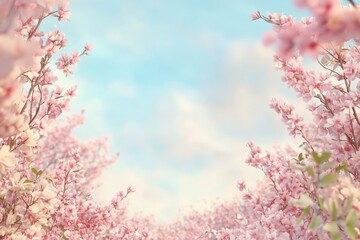 A serene scene capturing delicate pink blossoms against a soft blue sky. This picturesque view invites tranquility and symbolizes renewal. Ideal for spring-themed projects or floral designs.