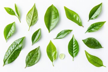 A collection of vibrant green leaves on a white background, showcasing diverse shapes and textures, embodying freshness, vitality, and themes of nature and eco-friendliness.