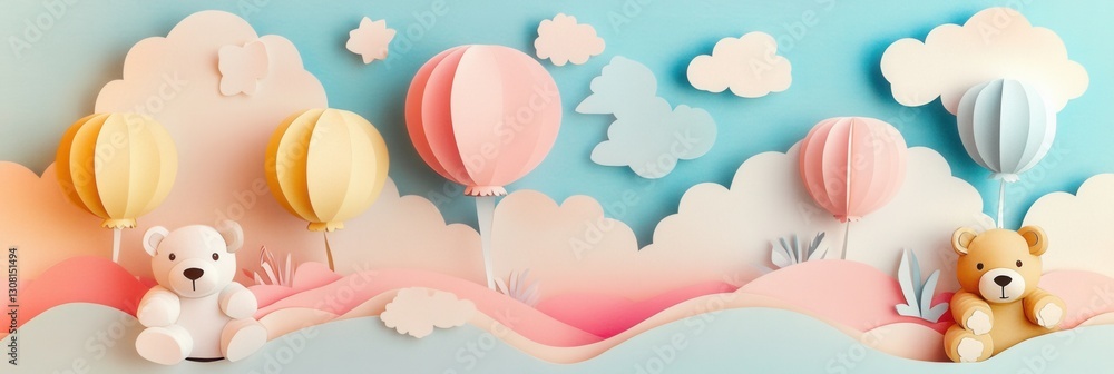 Poster Whimsical paper cutout display of balloons and teddy bears in playful pastel colors for a charming childrens theme Generative AI