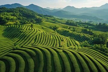 Fototapeta premium Lush Green Tea Terraces with Mountain Range in the Background
