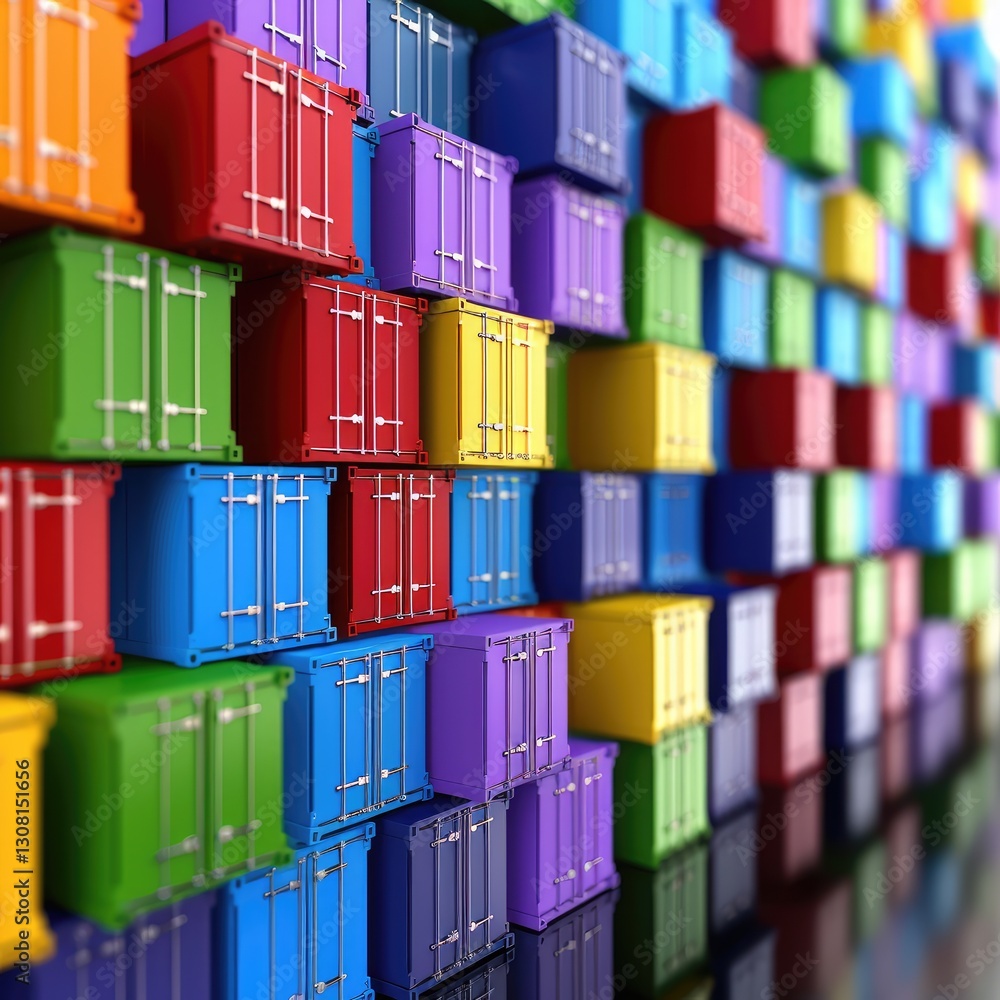 Poster a vibrant display of stacked shipping containers in various colors, showcasing organization and indu