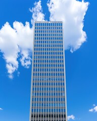 A modern skyscraper with glass facade against a bright blue sky and fluffy white clouds, showcasing contemporary architecture and urban landscape.