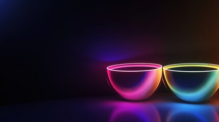  Minimalistic glowing bowls in motion on a dark background with vibrant colors and space for design text or branding elements.