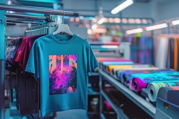 A vibrant teal t-shirt with a striking pink and purple graphic design, displayed in a colorful fabric printing shop full of various textile rolls. Perfect for apparel design inspiration.