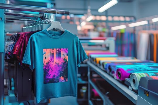 A vibrant teal t-shirt with a striking pink and purple graphic design, displayed in a colorful fabric printing shop full of various textile rolls. Perfect for apparel design inspiration.