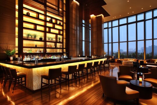 A modern bar interior with a long illuminated counter and shelves of liquor bottles. Warm lighting enhances the elegant wood decor, creating an inviting atmosphere for socializing.