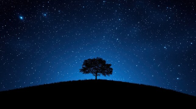 A lone tree silhouette on a hilltop under a starry night sky.