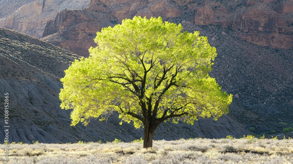 Poster a lone tree with bright green foliage and a visible trunk in a desert landscape.