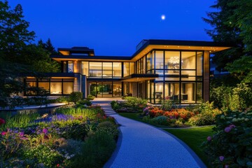 Fototapeta premium A stunning modern home at night, featuring expansive glass panels and sleek lines. Surrounded by a vibrant garden with colorful flowers, it radiates elegance and luxury.