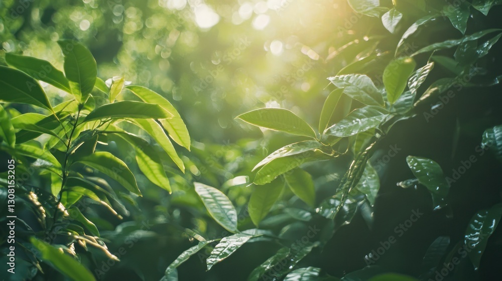 Poster a lush green background filled with tall trees and sunlight dappling through the leaves.