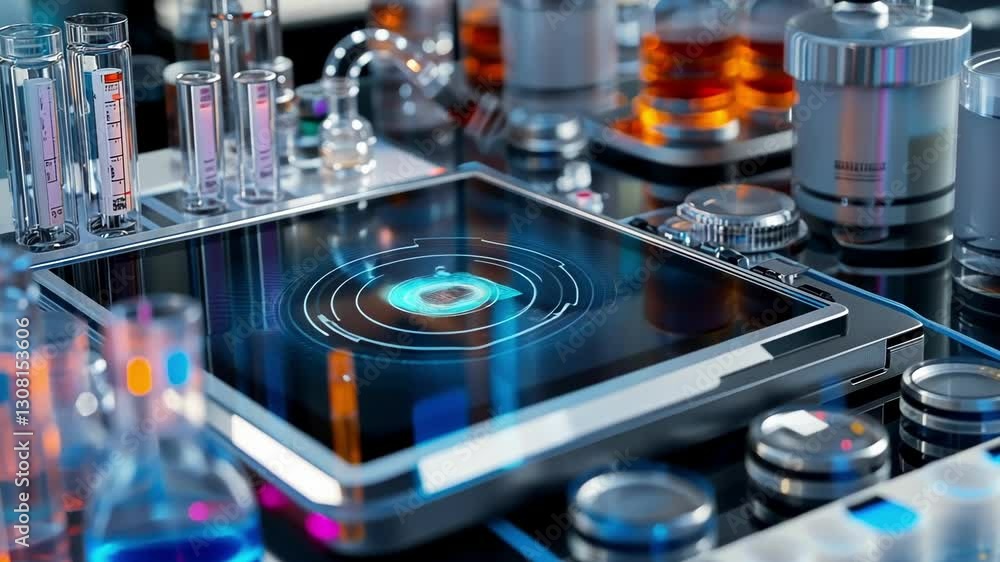 Aufkleber futuristic laboratory scene showcasing a digital interface with holographic elements. surrounded by 