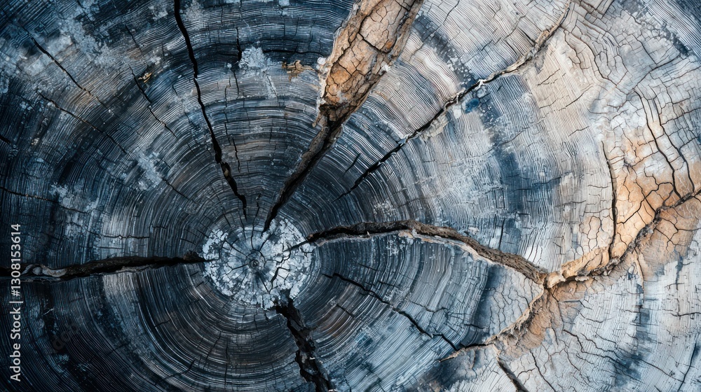 Poster A macro view of tree rings with cracks and textures, showing age and growth patterns.