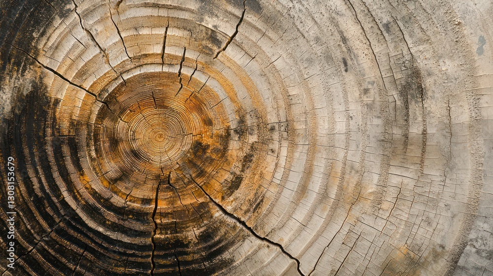 Poster A macro view of tree rings with cracks and textures, showing age and growth patterns.