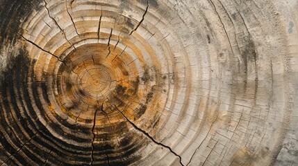 Naklejka premium A macro view of tree rings with cracks and textures, showing age and growth patterns.