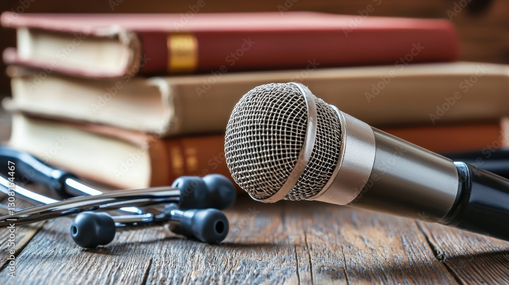 Poster a microphone with medical books and tools in the background