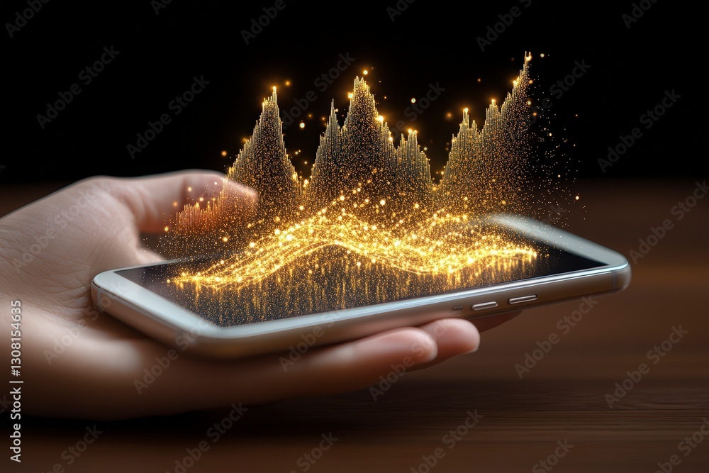 Poster glowing data visualization emerging from smartphone screen with sparkling gold effects