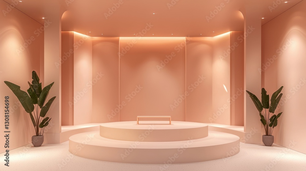 Poster A minimalist 3D showroom background with clean walls and a central platform for product display.