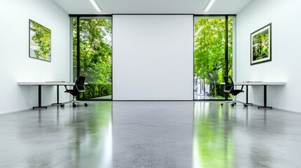 Modern Office Corridor with Blank Billboard  Panoramic Windows  and Natural Light