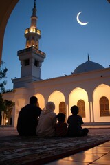 A family sits together in the mosque courtyard after Taraweeh, enjoying a quiet moment under the stars. The night air is cool as they reflect on the prayers.