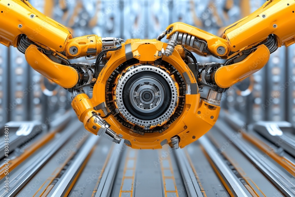 Poster futuristic robotic arm holding circular component in automated industrial environment