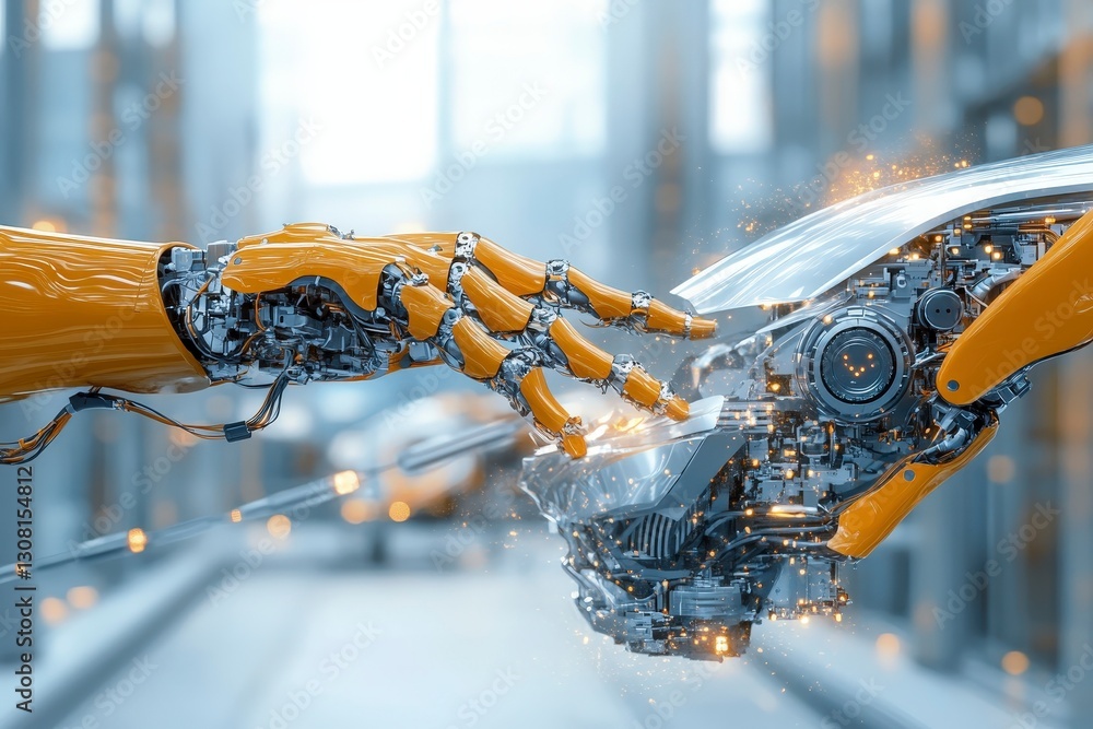 Poster futuristic robots touching with advanced technology and mechanisms in a modern environment