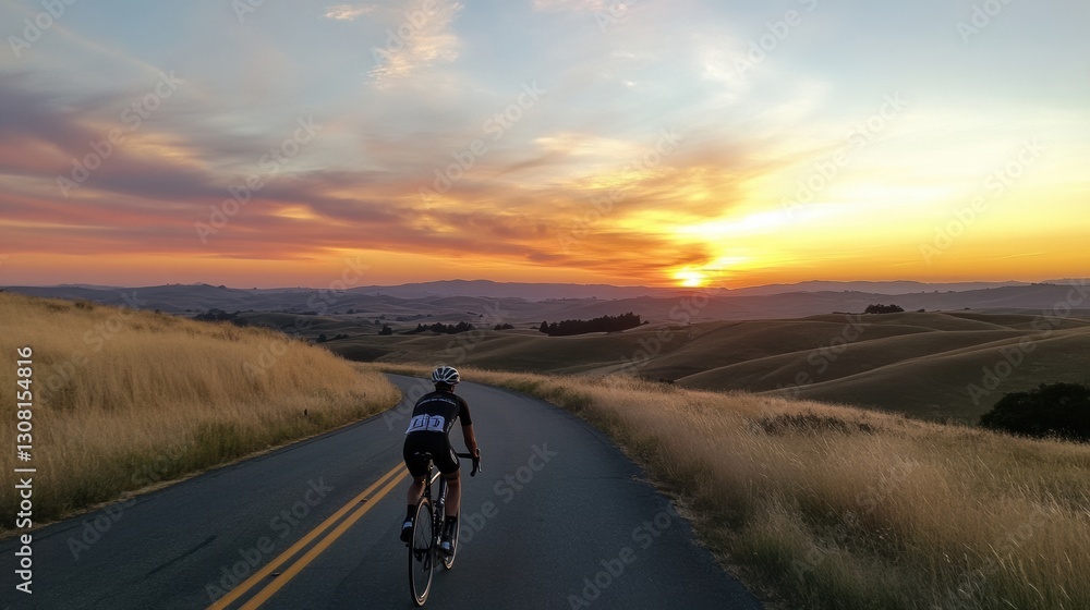 Poster cyclist rides toward glowing sunset along winding road with rolling hills in the background near gol