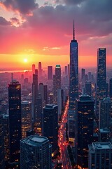 Naklejka premium Aerial view of modern city skyline with skyscrapers and buildings at sunset, cityscape, architecture