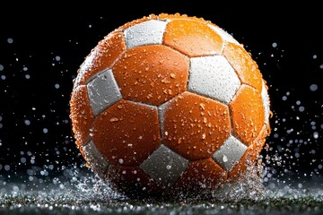 Fototapeta premium Close-Up of Wet Soccer Ball with Water Droplets on Dark Background for Sports and Action Themes