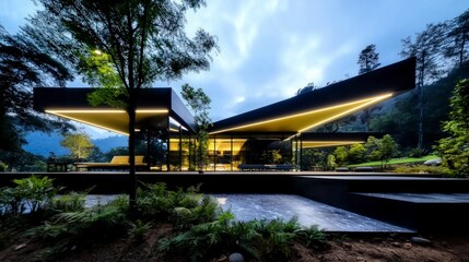 Modern Black House  Luxury Architecture  Night View  Mountain Landscape  Green Garden