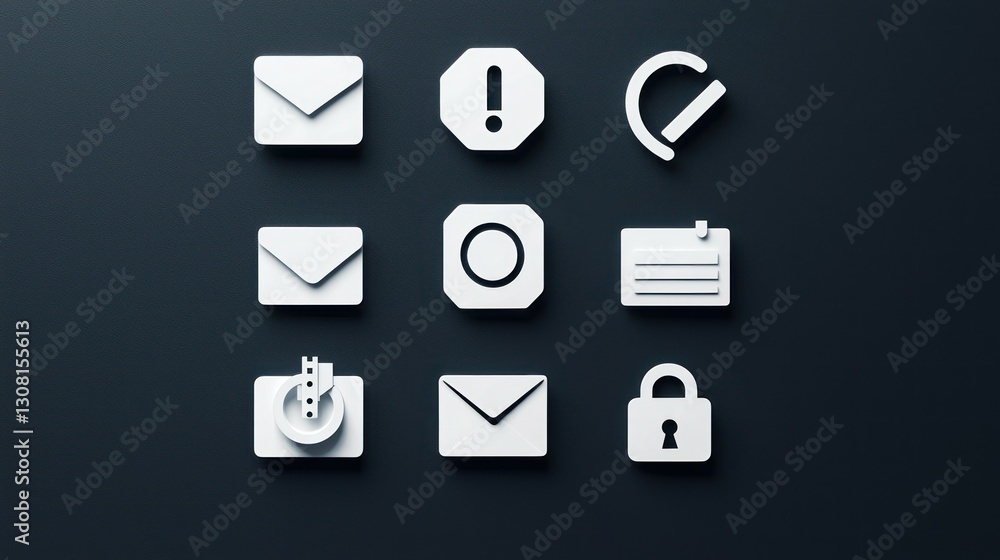 Poster a minimalist set of white business icons with bold outlines, displayed on a dark background for cont
