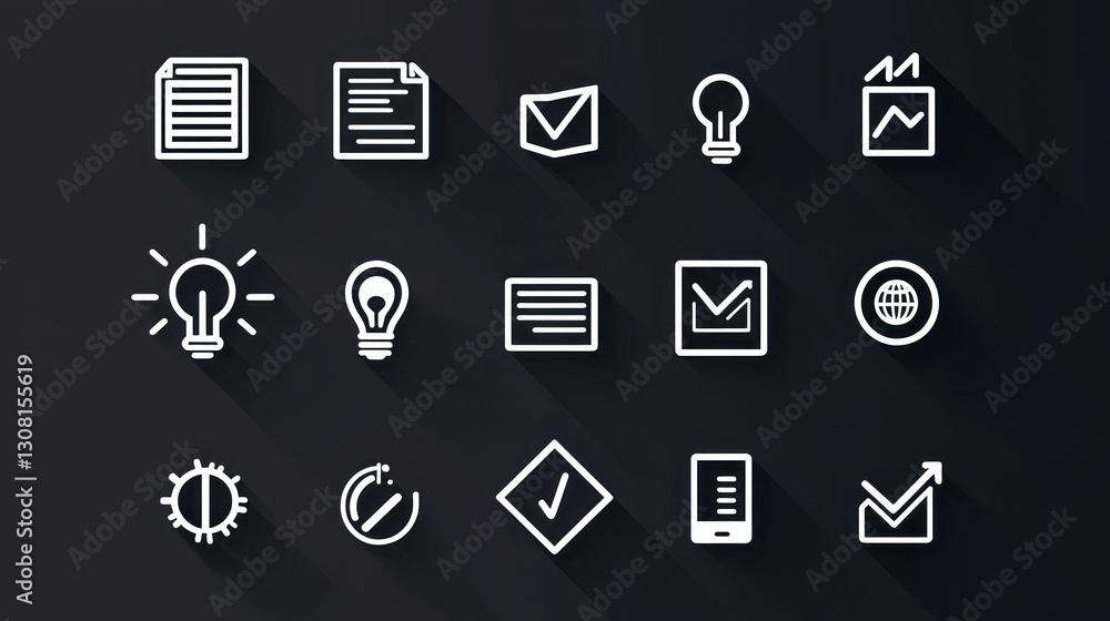 Poster a minimalist set of white business icons with bold outlines, displayed on a dark background for cont