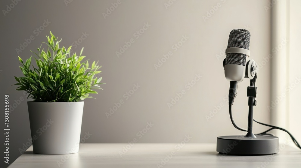 Poster a minimalist setup featuring a podcast microphone and a small potted plant.