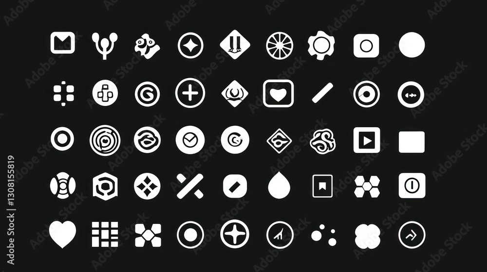 Poster a minimalist vector icon collection in black and white, tailored for professional use.