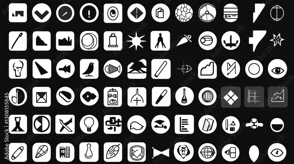 Poster a minimalist vector icon collection in black and white, tailored for professional use.