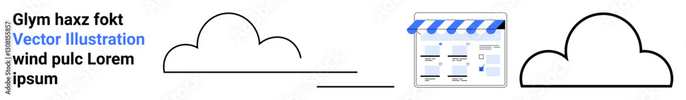 Poster two cloud icons, one on each side, connected by a line with a multimedia application symbol in betwe