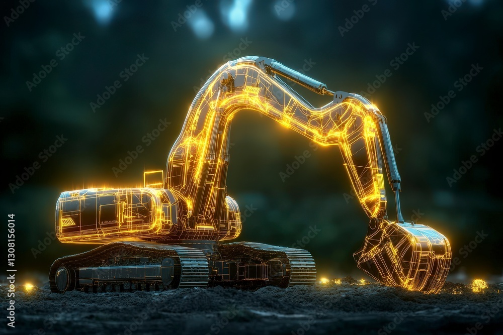 Poster futuristic excavator in digital wireframe with illuminating lines and glowing effects