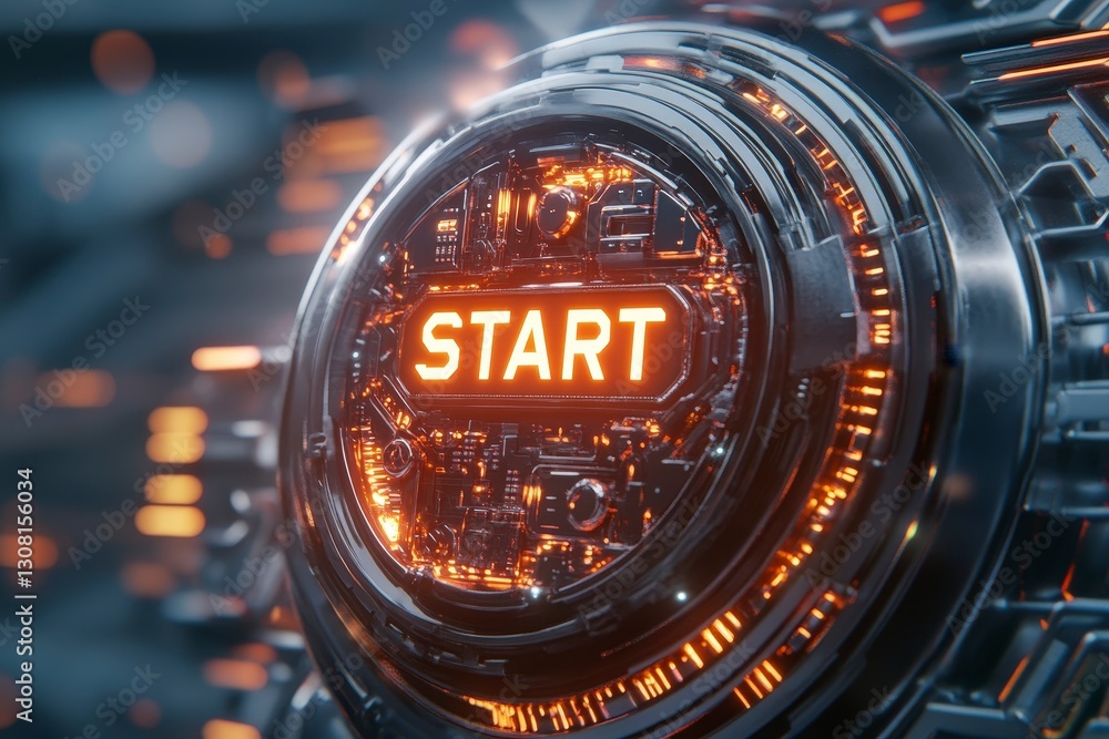 Aufkleber futuristic button design with start text illuminated by neon lights and digital elements