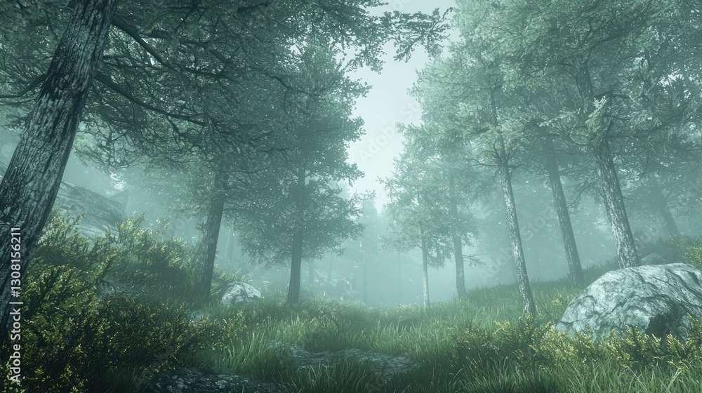 Poster A misty forest scene with tall trees and soft fog creating a mystical ambiance.