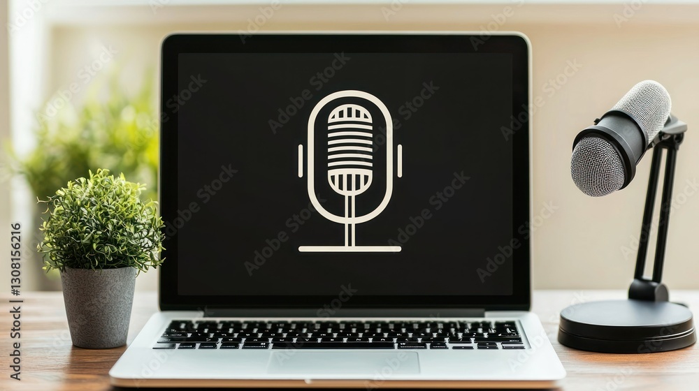 Poster a mockup of a podcast logo on a laptop screen in a minimalist workspace setting.