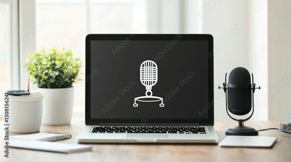 Poster a mockup of a podcast logo on a laptop screen in a minimalist workspace setting.