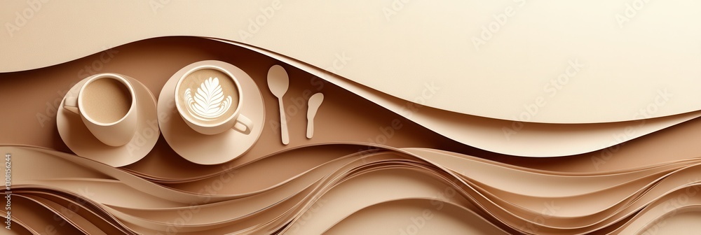 Poster cozy paper art design with layered silhouettes of coffee cups and utensils inviting warmth and comfo