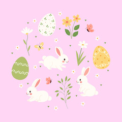 Cute easter set with bunnies, eggs, and flowers. Hand drawn vector illustration