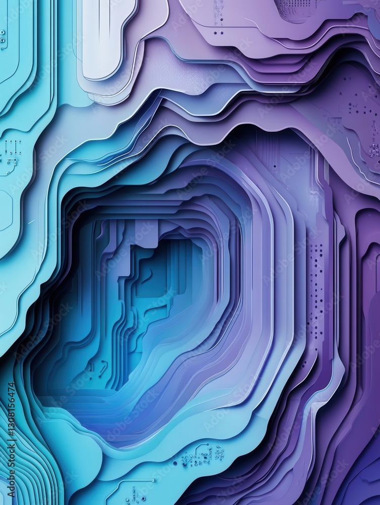 Leinwandbilder Futuristic layered paper art design showcases abstract circuits and data flows in cool tones of blue, purple, and gray Generative AI