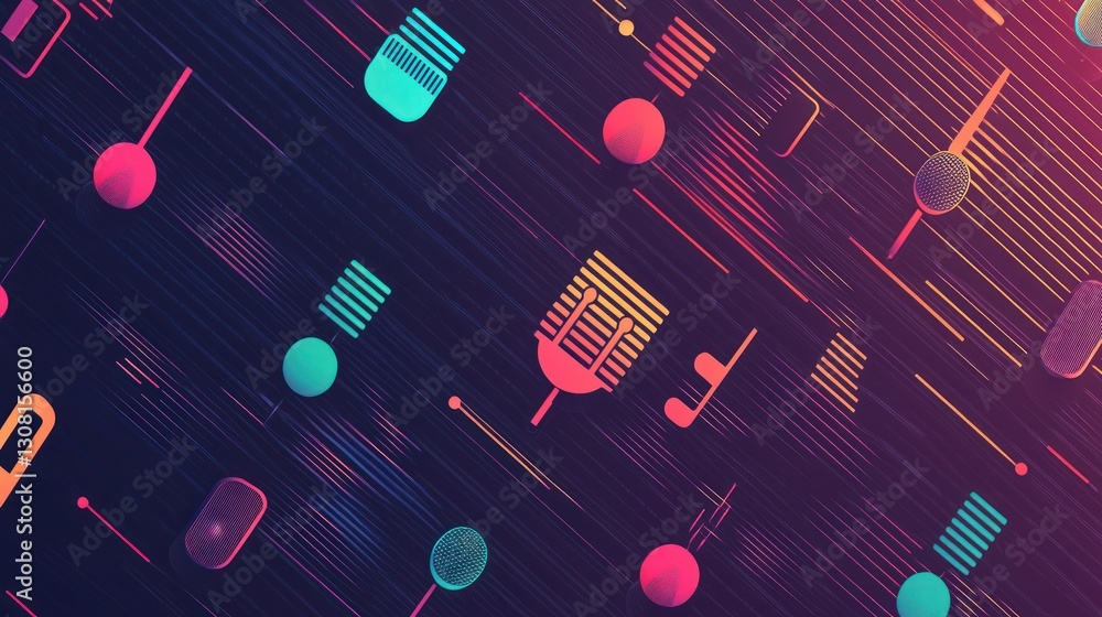Poster A modern design featuring podcast icons scattered across a dynamic backdrop of diagonal lines