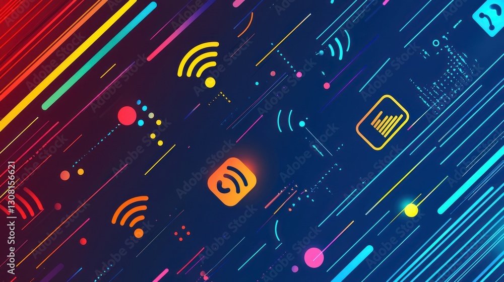 Poster A modern design featuring podcast icons scattered across a dynamic backdrop of diagonal lines