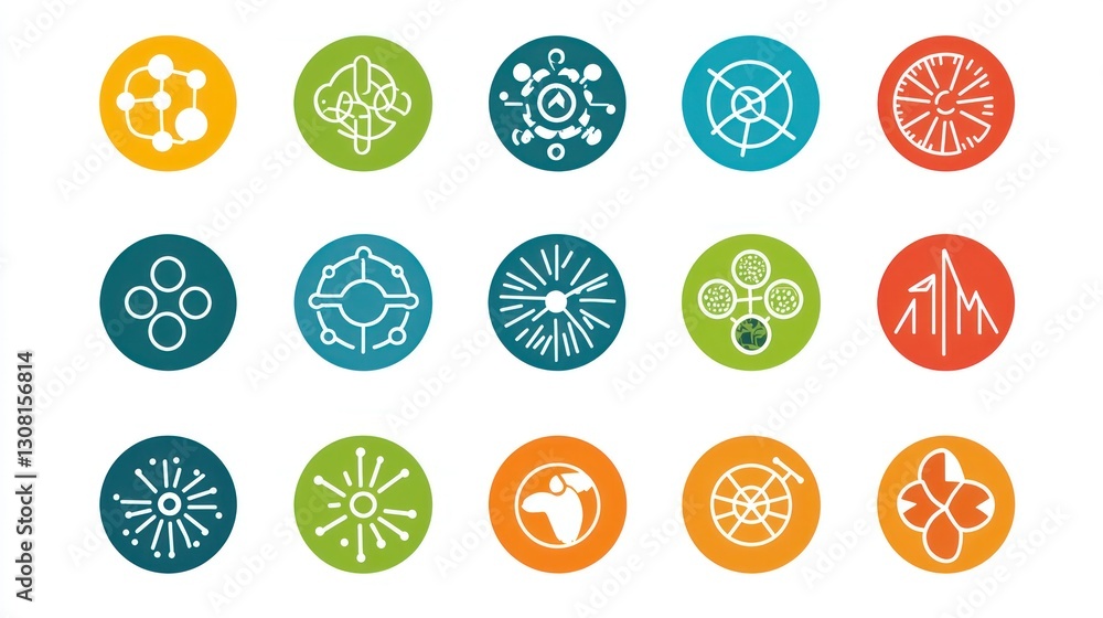 Poster a modern icon set with circular shapes, emphasizing teamwork, innovation, and growth themes.