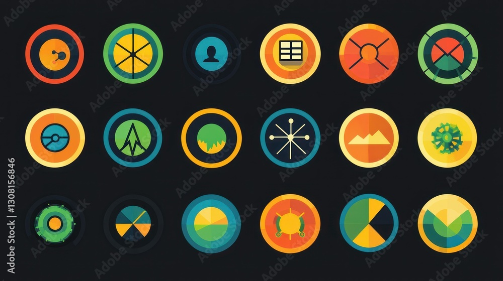 Poster a modern icon set with circular shapes, emphasizing teamwork, innovation, and growth themes.