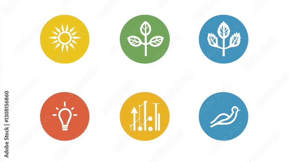 Poster a modern icon set with circular shapes, emphasizing teamwork, innovation, and growth themes.