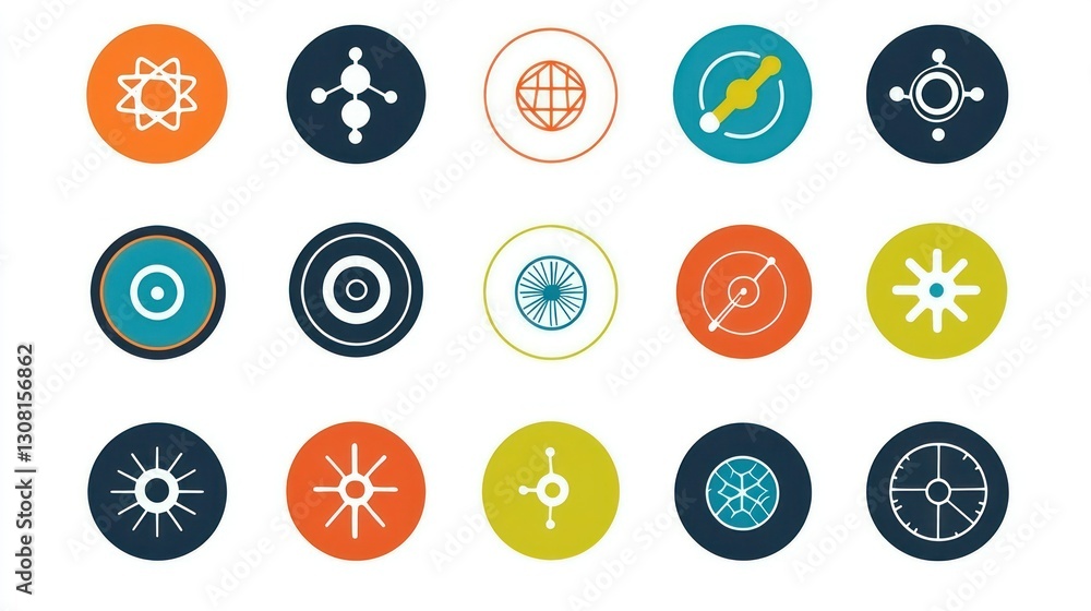 Poster a modern icon set with circular shapes, emphasizing teamwork, innovation, and growth themes.