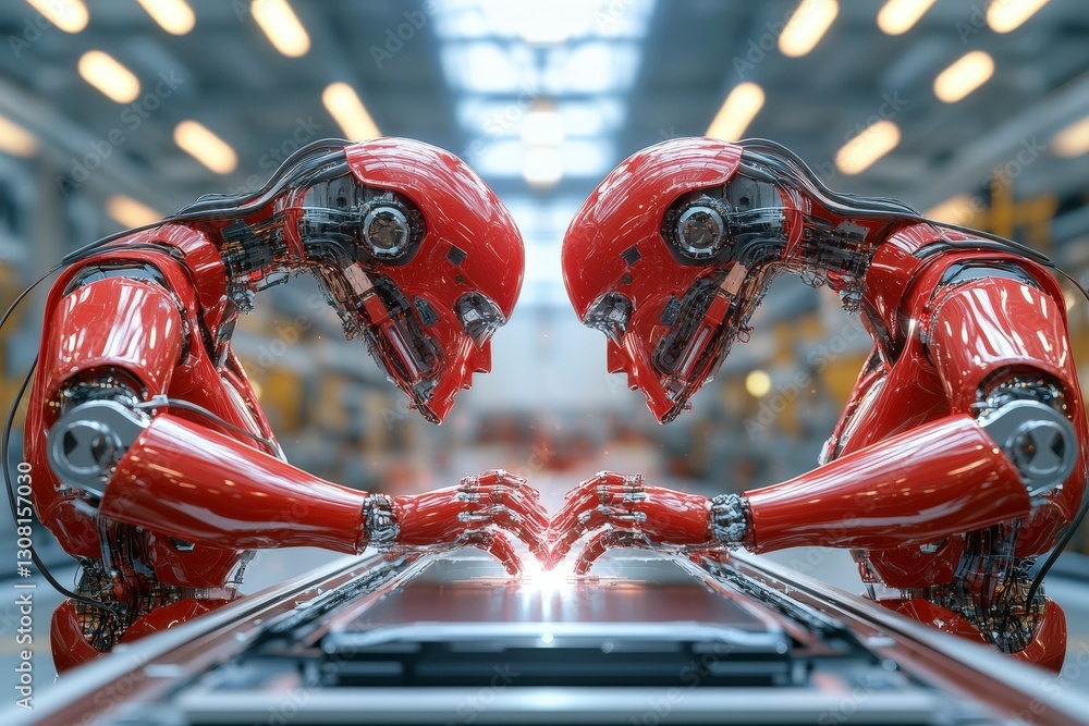 Poster futuristic red robots working together in a tech-driven environment